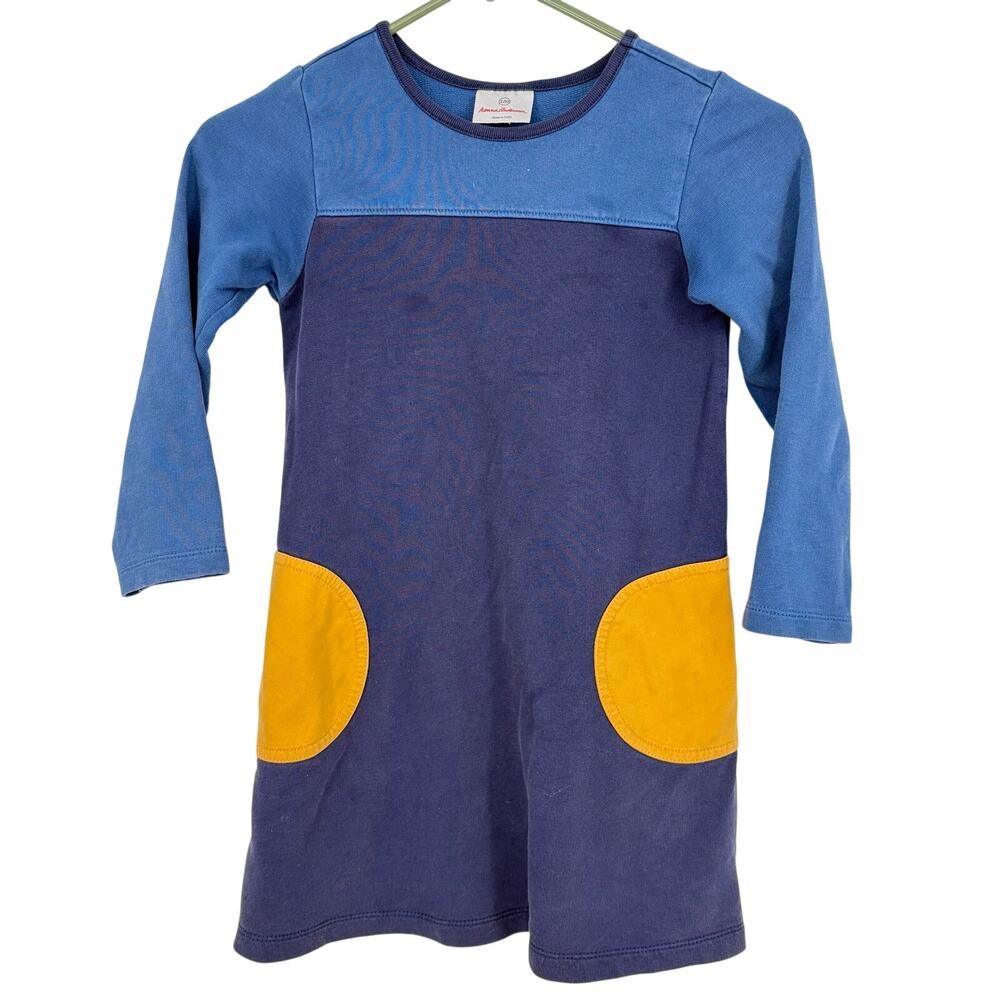 Hanna Andersson Blue Color Block Little Girls Long Sleeve Cotton Dress Size 120